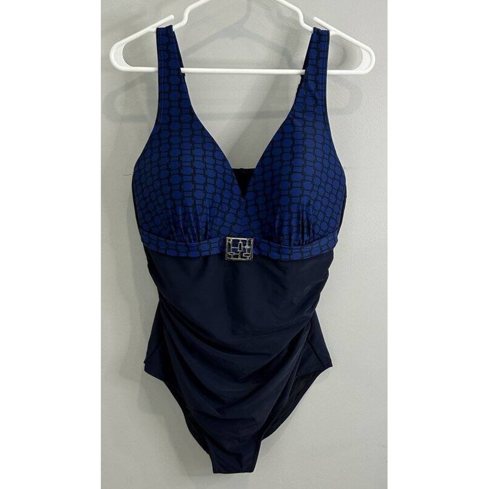 Silhouette Solutions Womens One Piece Swimsuit Black Blue Print 16D